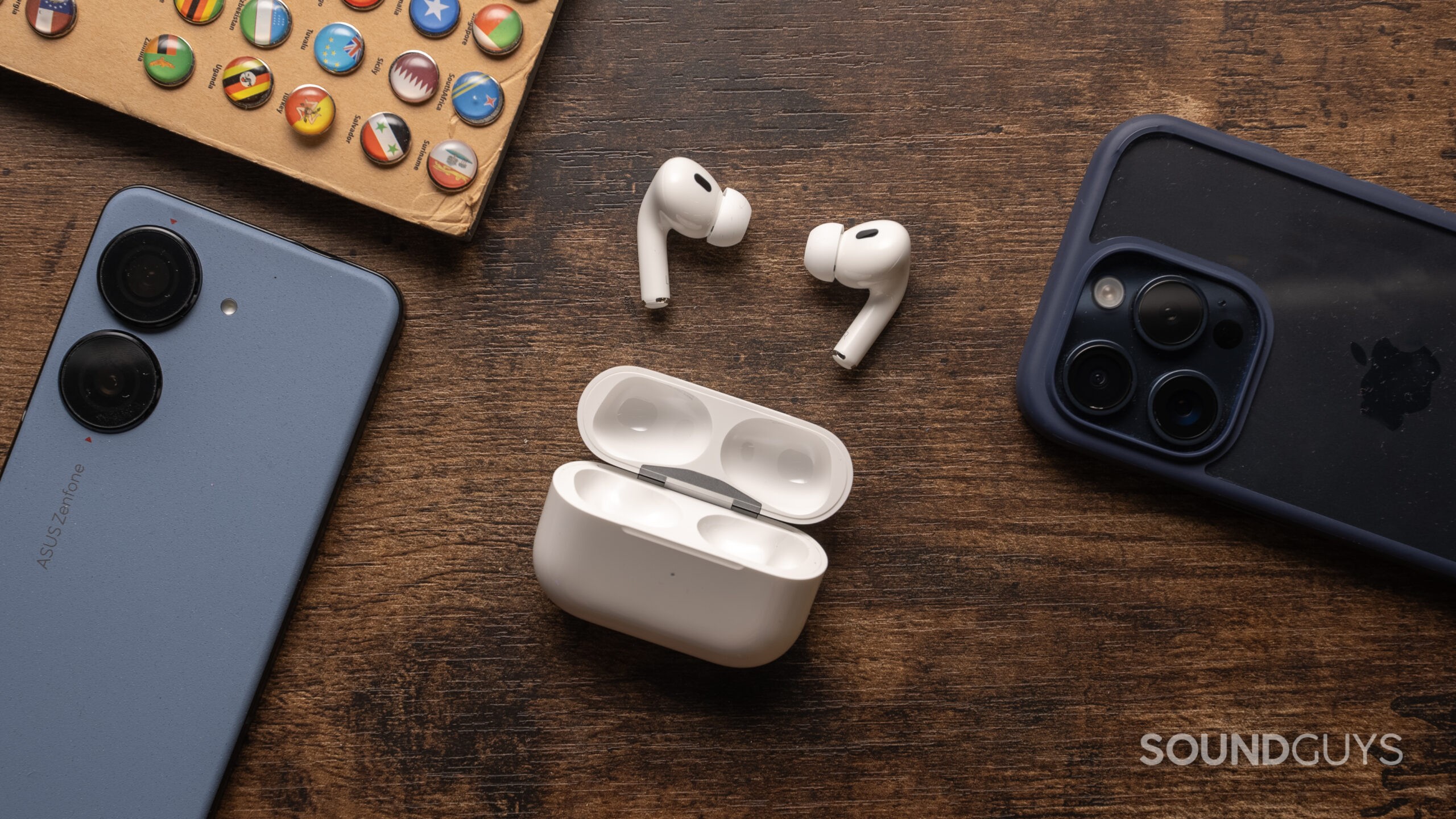AirPods-Pro-2nd-Generation-USB-C-open-on-table Apple's AIrPods Pro (2nd Gen) on a table.