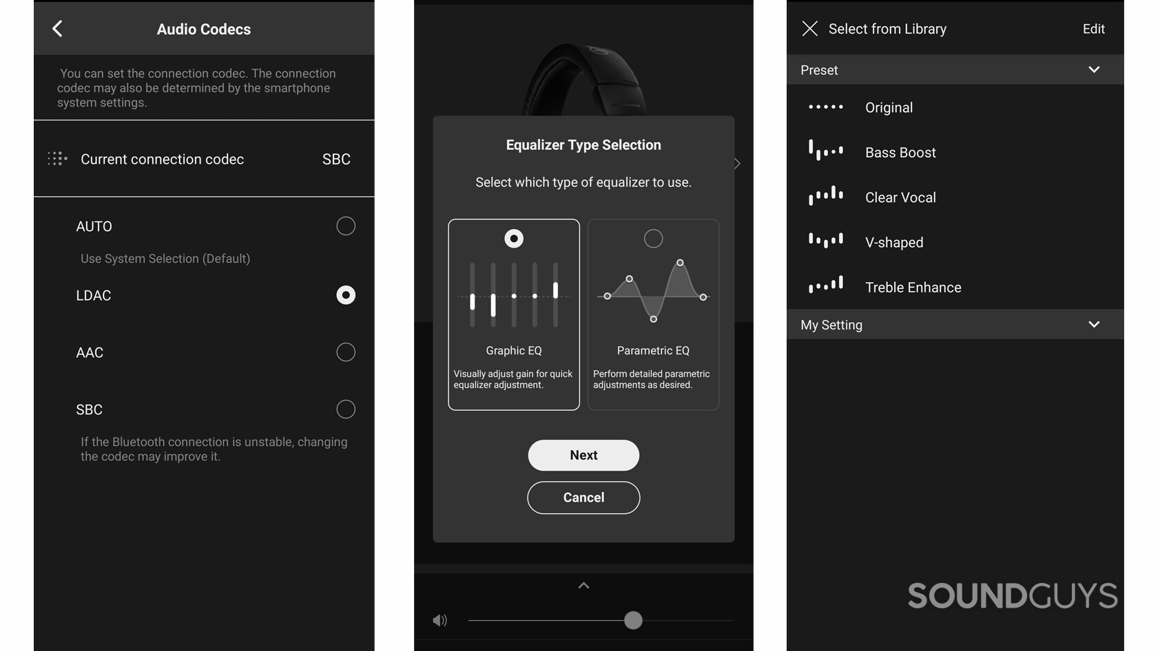 audio-technica-ath-m50xbt2-connect-app Three screenshots of Connect app shows codec selection, optional EQ visualization, and EQ presets.
