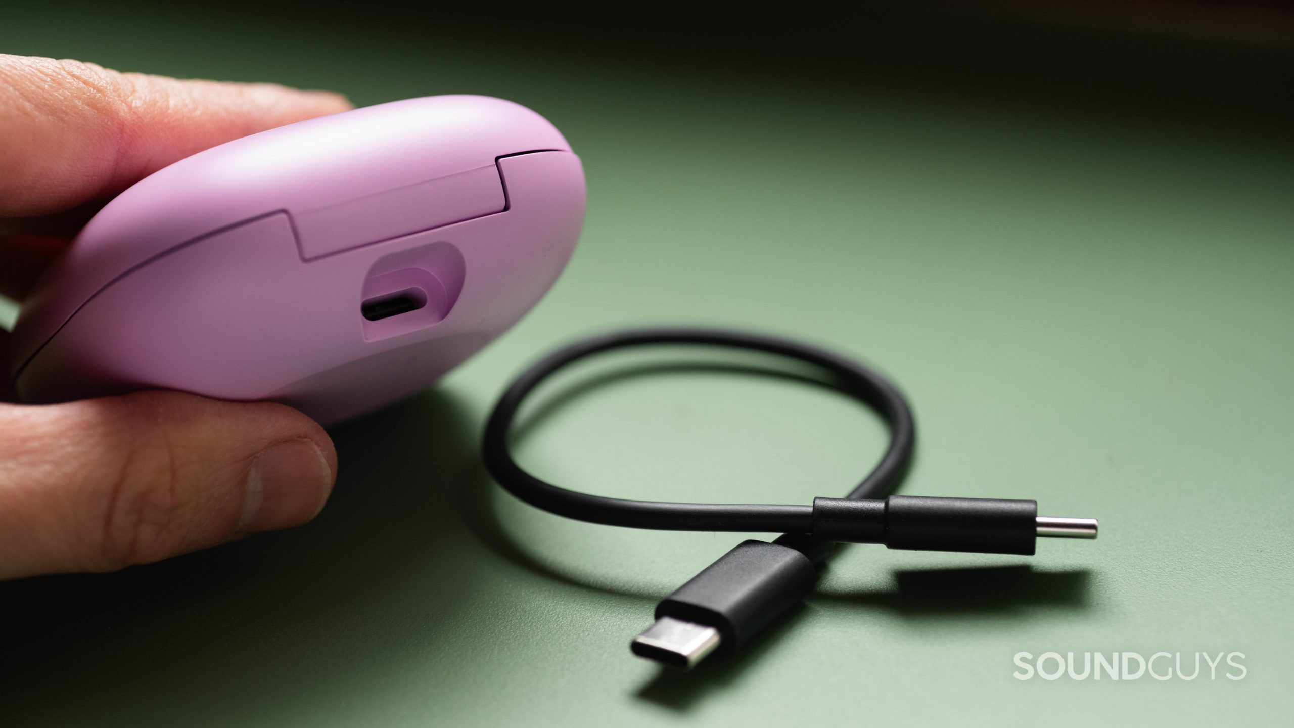 Beats Fit Pro noise canceling true wireless earbuds USB C case The USB-C input on the Beats Fit Pro case next to the USB-C to USB-C cable, which is very short.