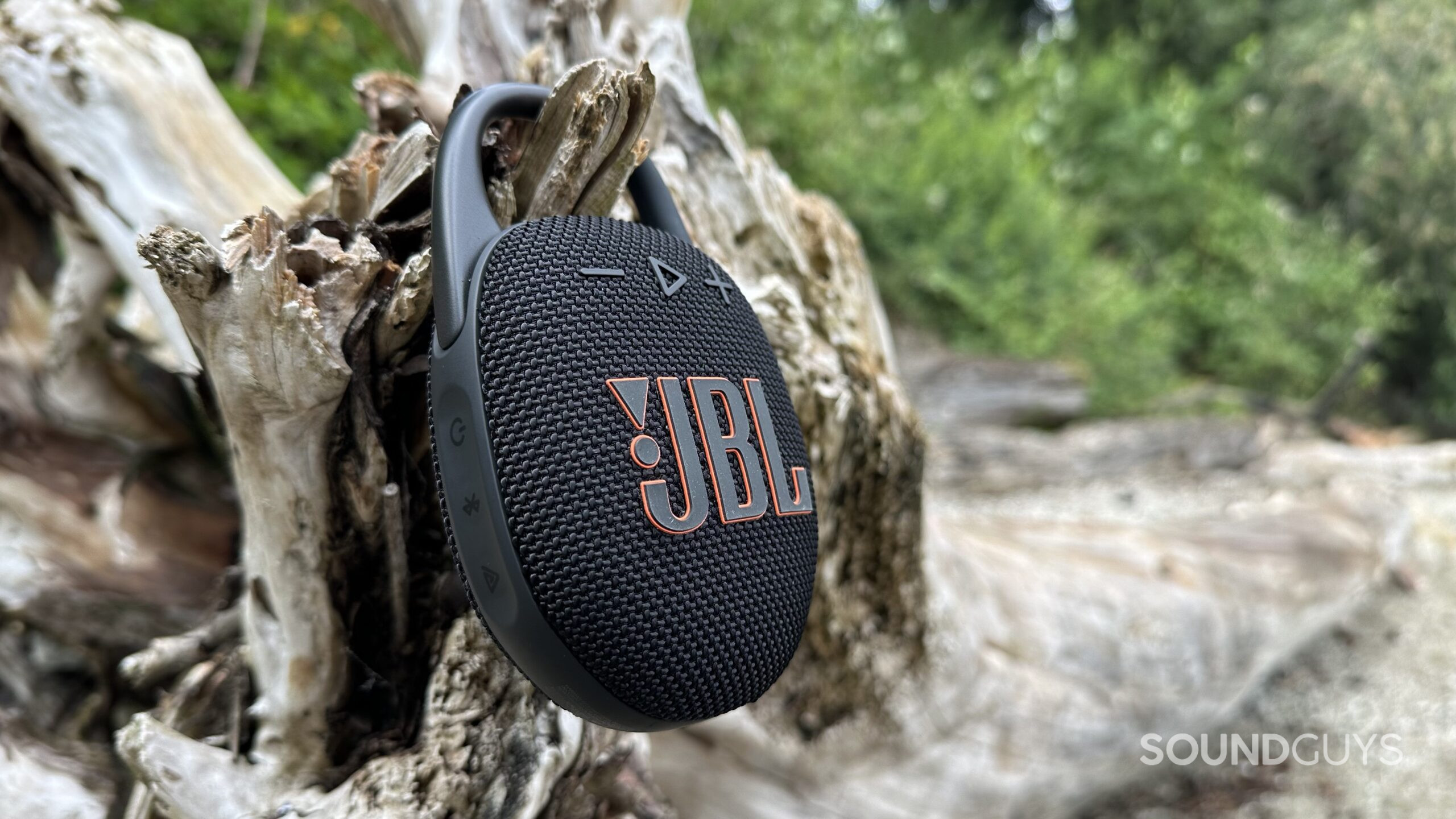 JBL Clip 5 hanging A JBL Clip 5 hanging off a large piece of driftwood.
