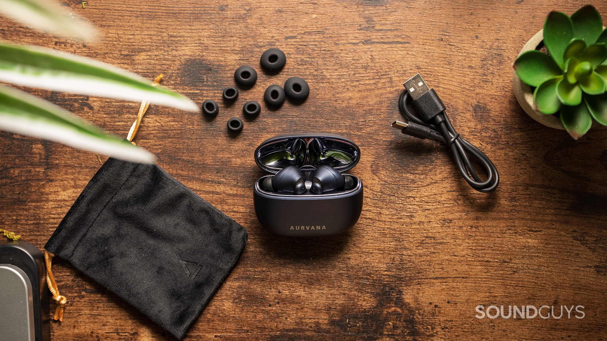 Creative Aurvana Ace Mimi accessories Creative Aurvana Ace Mimi earbuds with carrying case, ear tips, and charging cable.