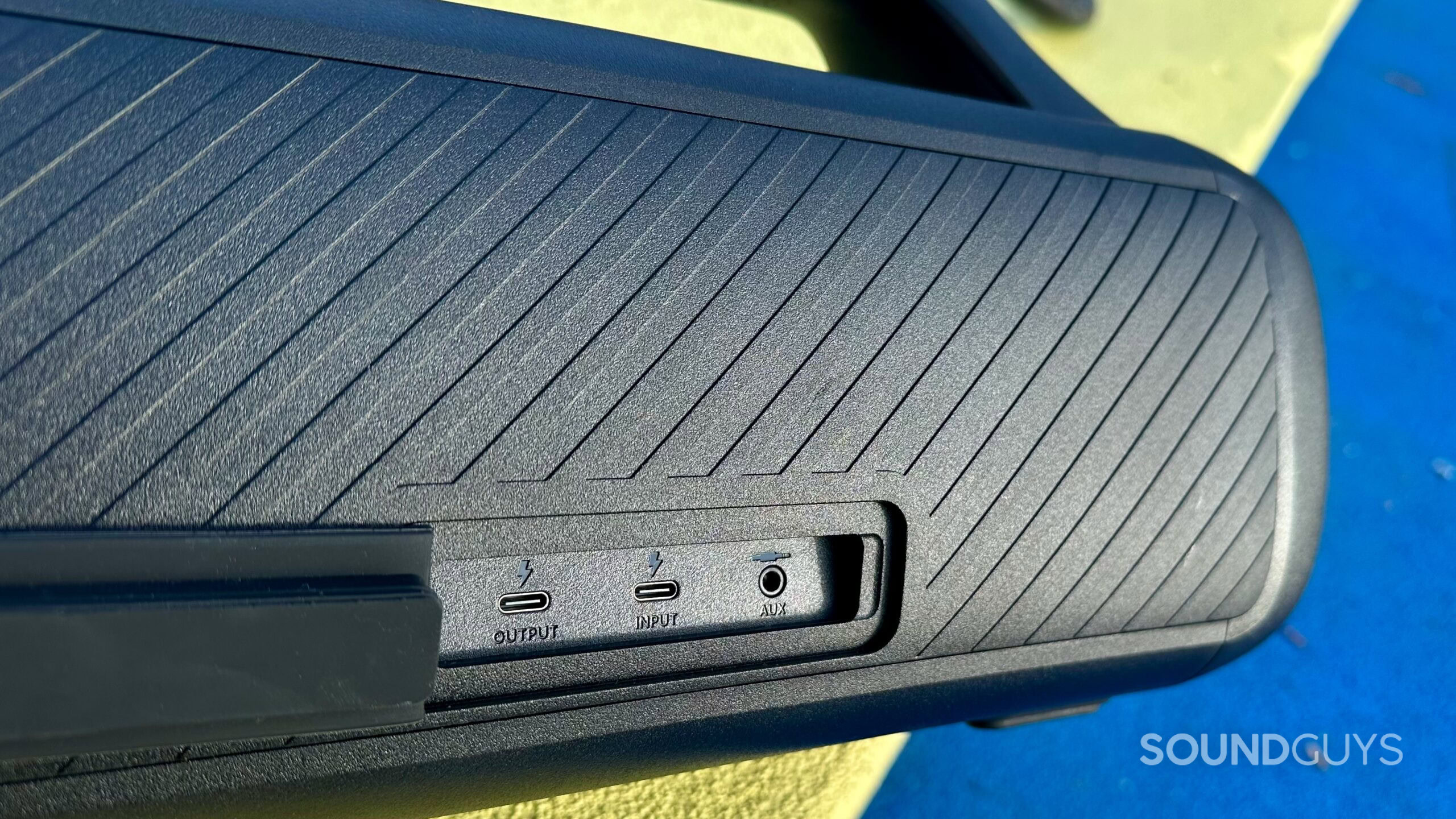 EarFun UBOOM X_13 The EarFun UBOOM X's rear control panel, showing its USB-C port and 3.5mm jack.