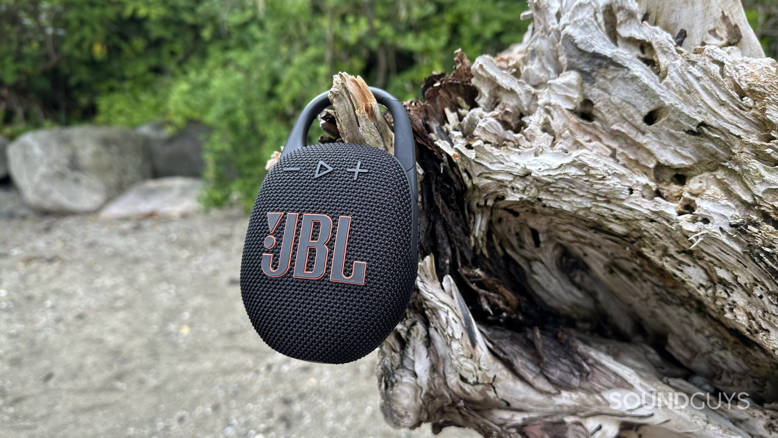 JBL Clip 5 hanging A JBL Clip 5 hanging off a large piece of driftwood.