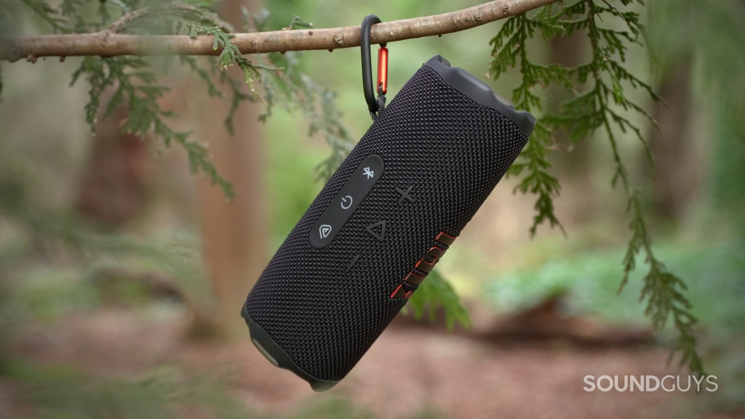 Flip 7 - 11 A JBL Flip 7 speaker hanging from a tree branch in nature.