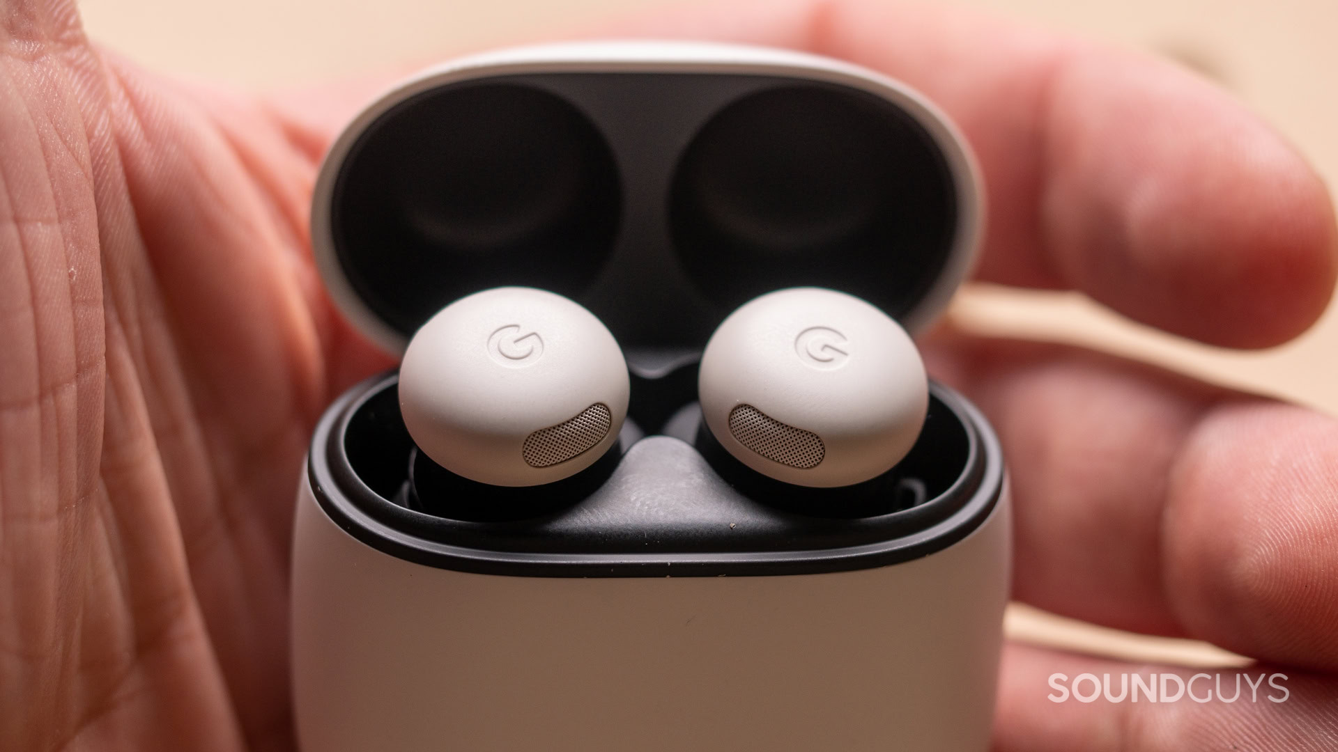 google-pixel-buds-pro-2-hand The Google Pixel Buds Pro 2 in someone's hand.