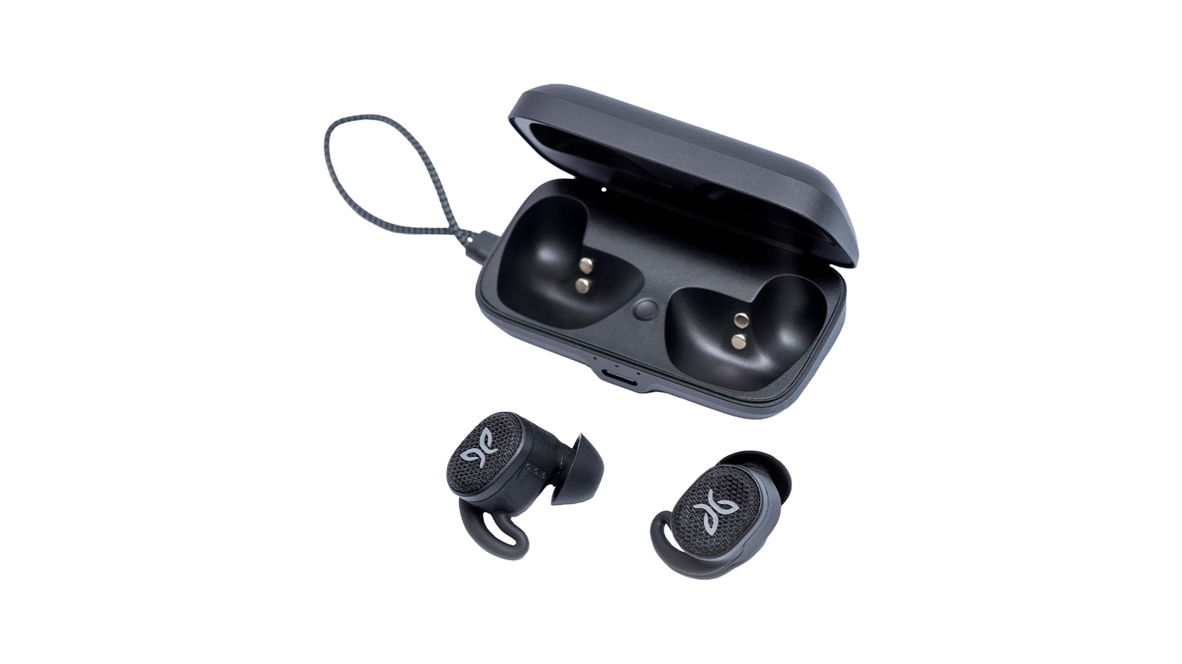 jaybird vista 2 product image The Jaybird Vista 2 workout earbuds and open case against a white background.