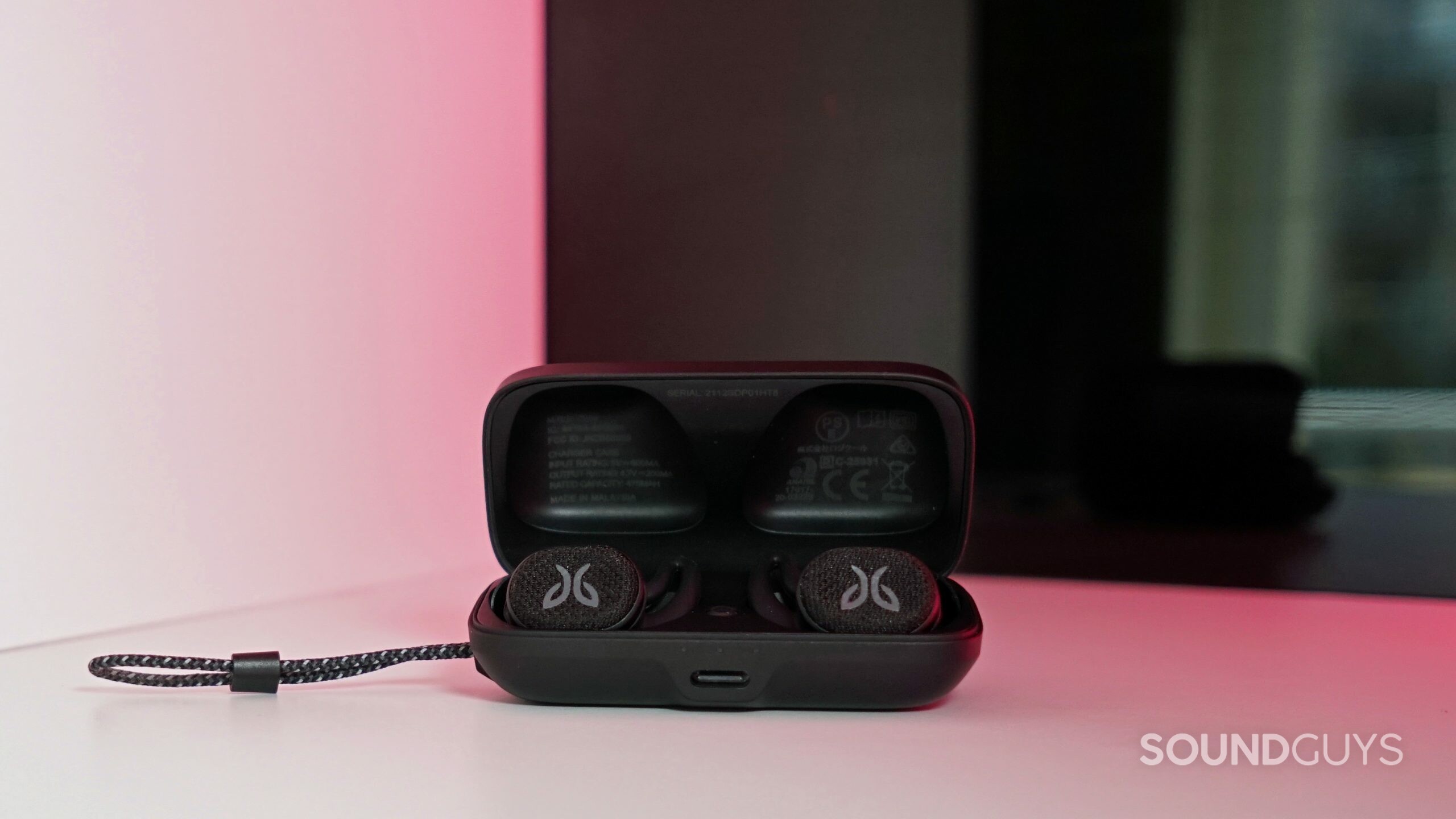 Jaybird-Vista-2-shelf-shot-pink The Jaybird Vista 2 true wireless workout earbuds in the open charging case.