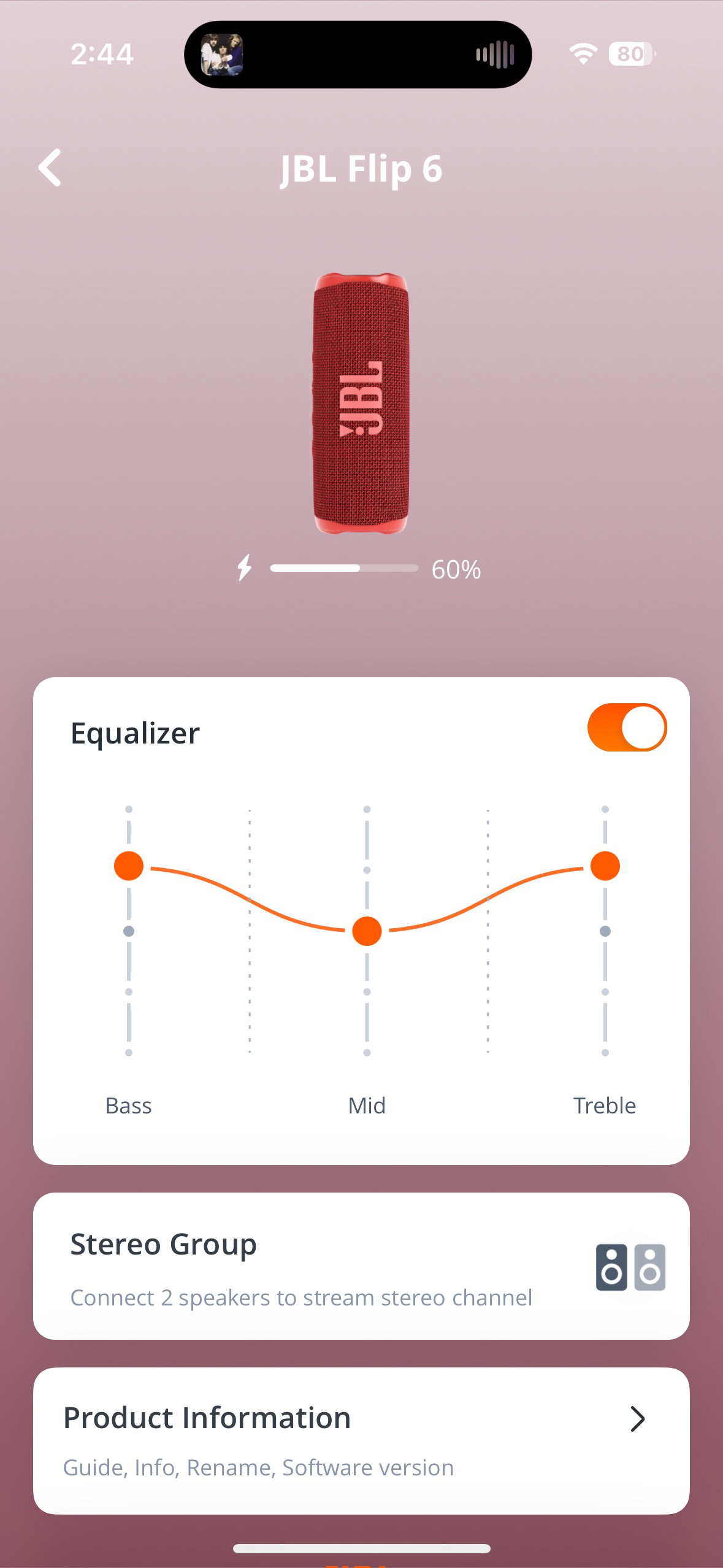 Screen shot of the JBL Portable app while connected to the Flip 6