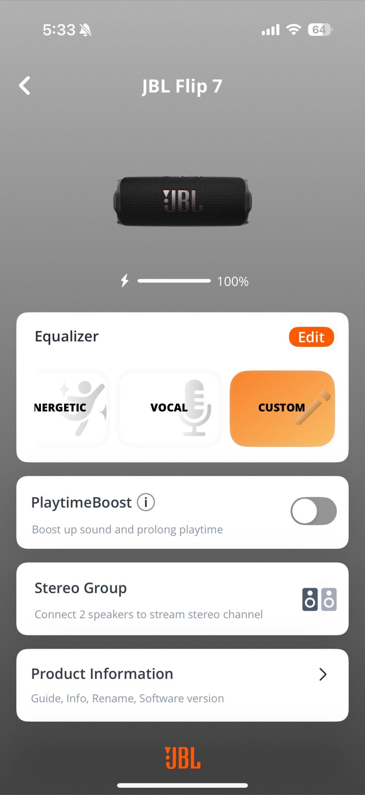 Screenshot of the JBL Portable app while connected to Flip 7.