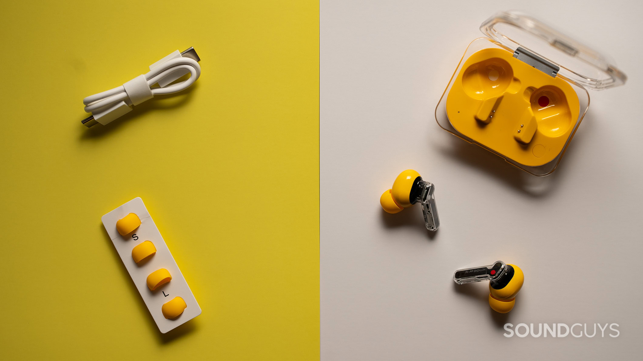 Nothing Ear (a) accessories Nothing Ear (a) earbuds, charging case, ear tips, and charging cable.