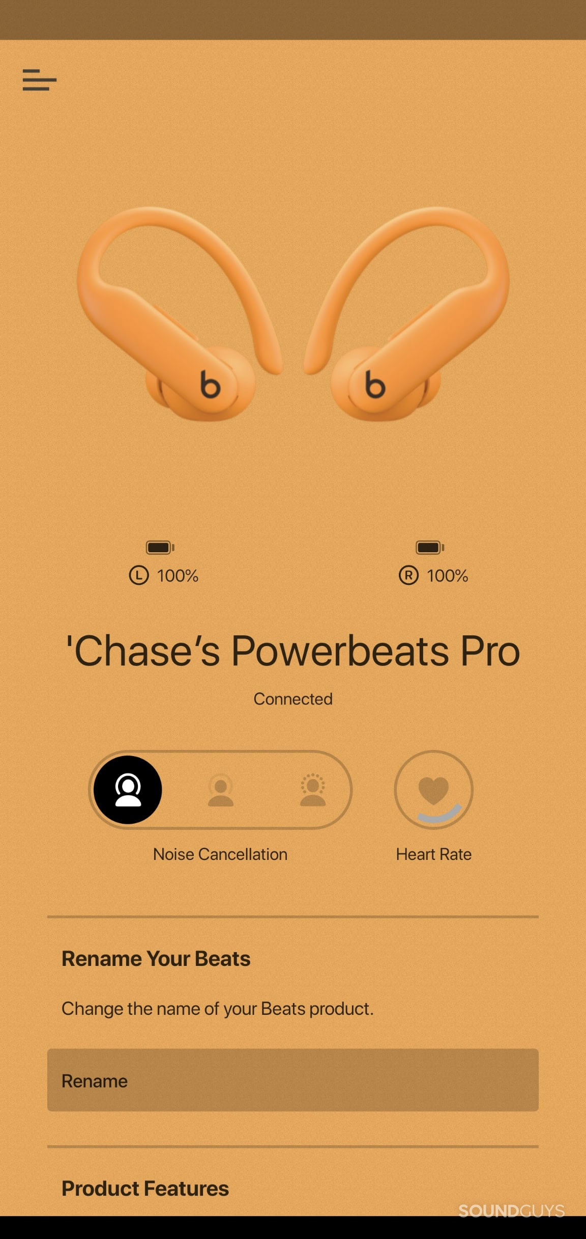Powerbeats Pro 2 Beats app home screen showing battery life and listening mode.