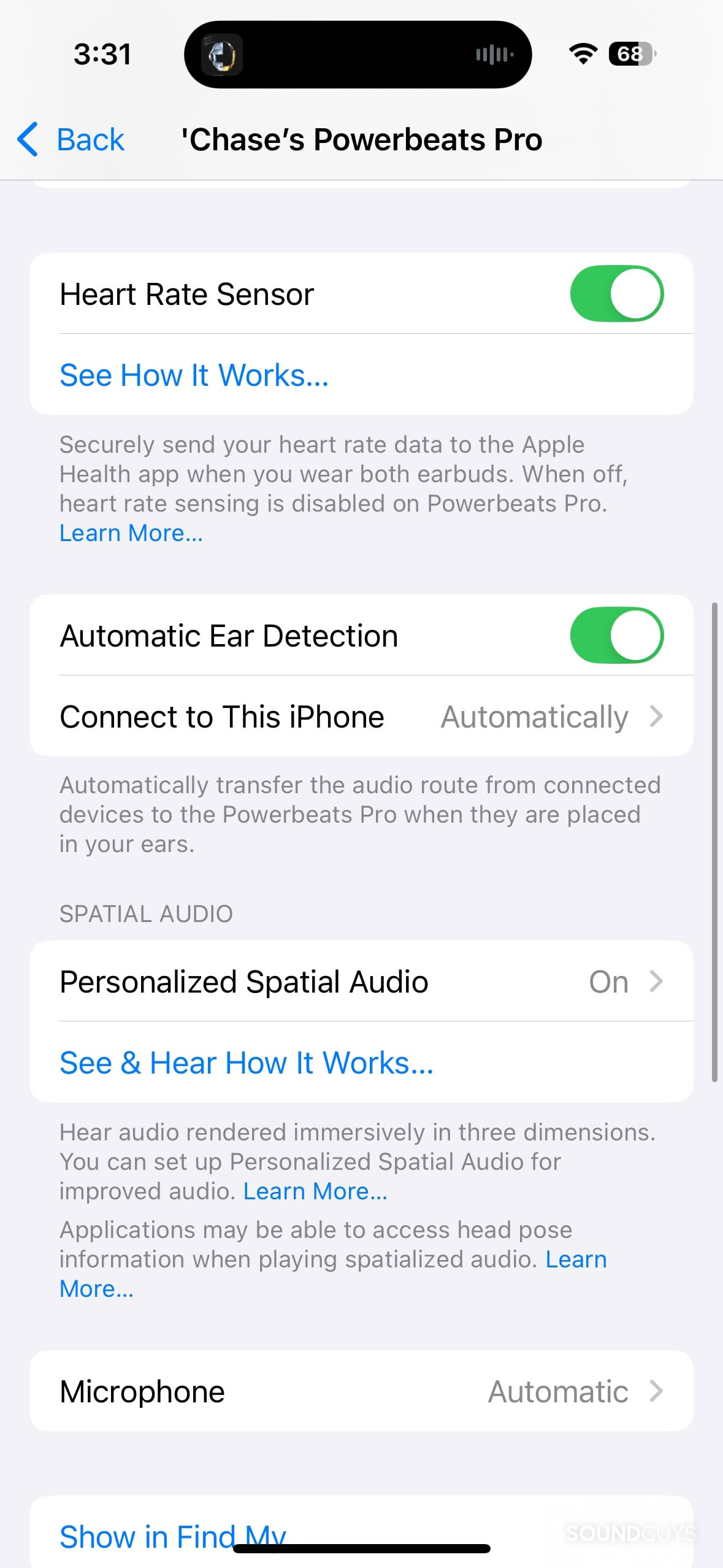 Powerbeats Pro 2 iOS settings including spatial audio and ear detection.