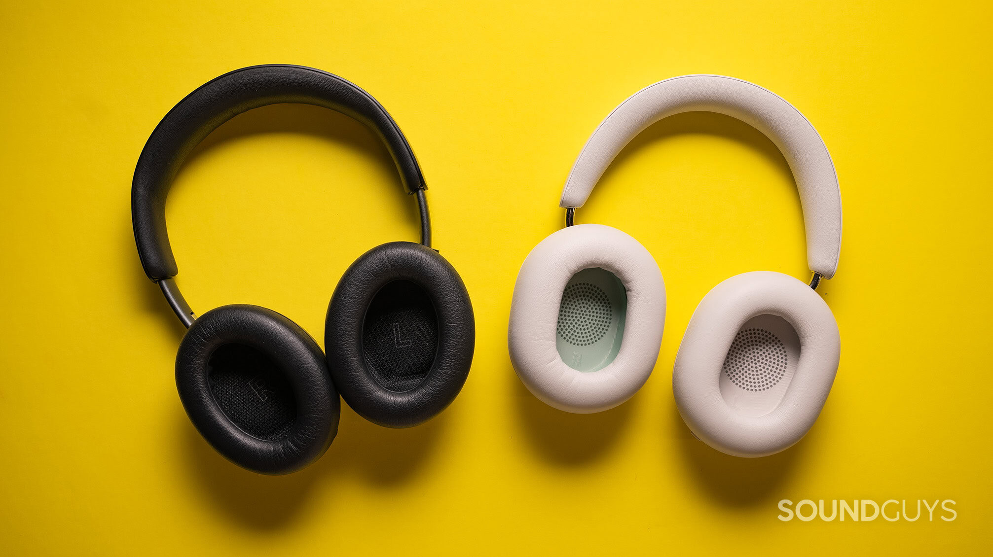 Sonos Ace vs Bose QuietComfort Ultra ear pads yellow background Sonos Ace vs Bose QuietComfort Ultra ear pads yellow background