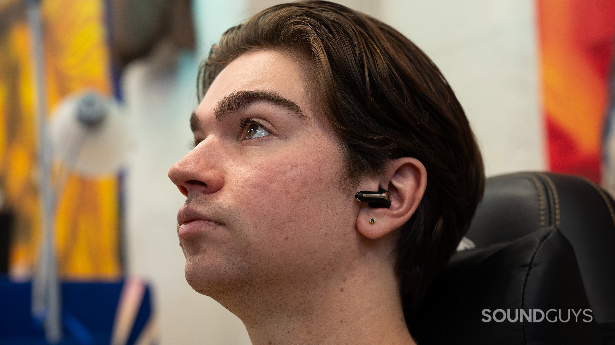 SoundPEATS Capsule3 Pro+ on man A man wearing the SoundPEATS Capsule3 Pro+ earbuds.