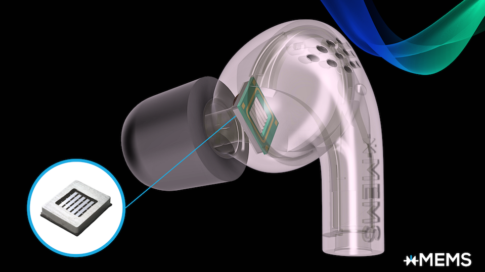 An xMEMS speaker chip in an earbudXMEMS LABS Illustration showing a tiny MEMS speaker inside an earbud.